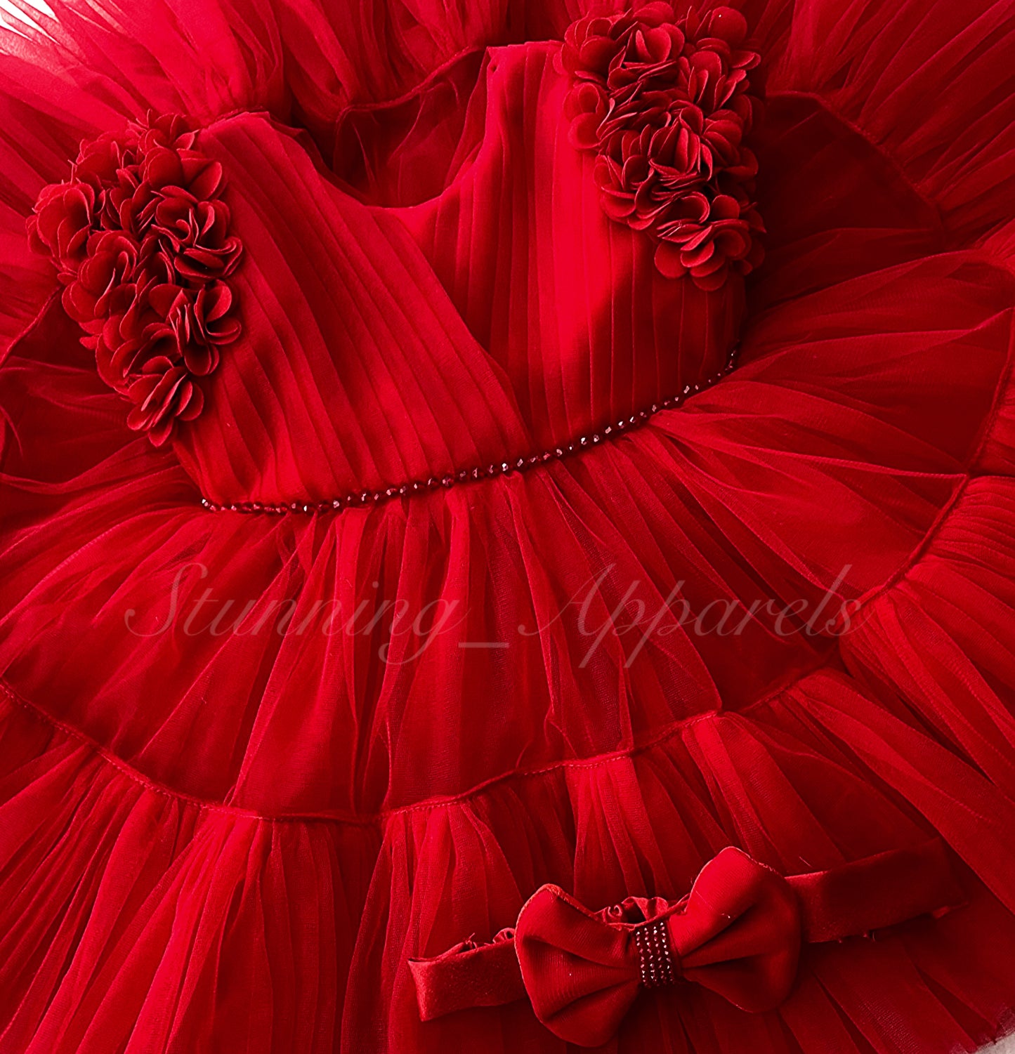 Beautiful  Cape Sleeves Flower Work Ruffled Red Frock