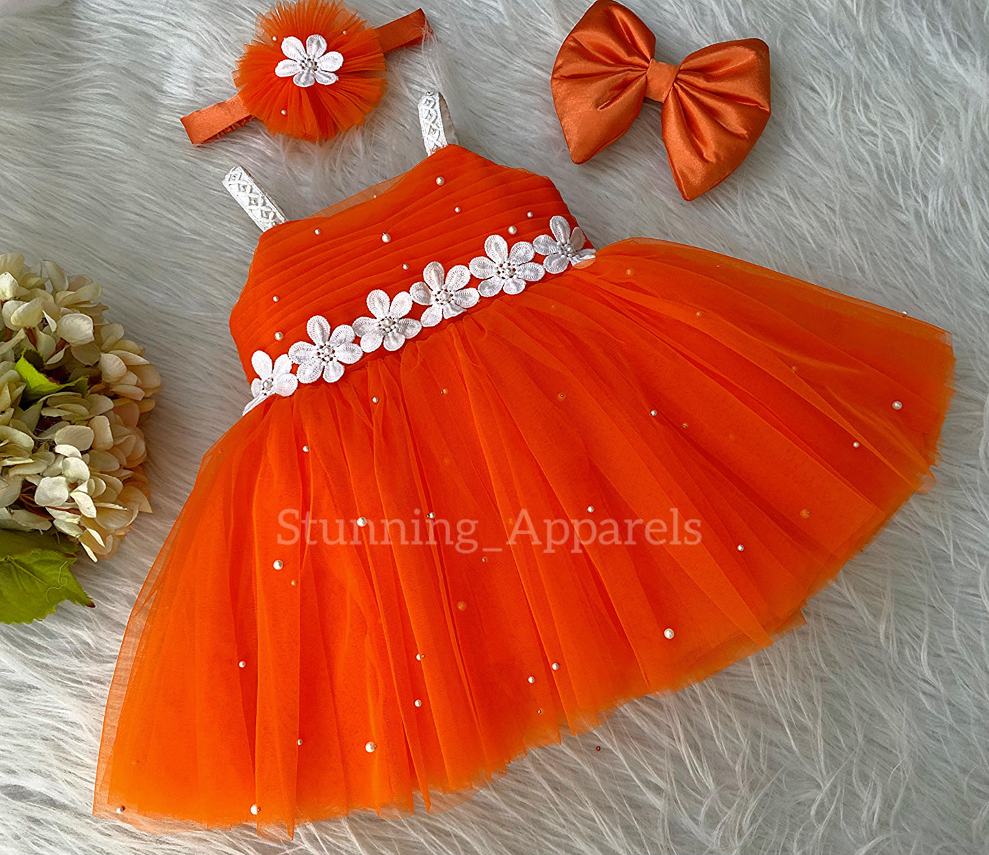 Waistline White Flower Work Party Wear Orange Dress
