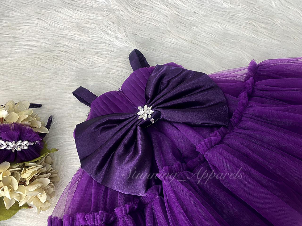 Designer Stone and Diamond Work Ruffled Purple Dress
