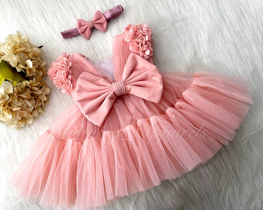 Beautiful Cape Sleeves Flower Work Ruffled Peach Frock