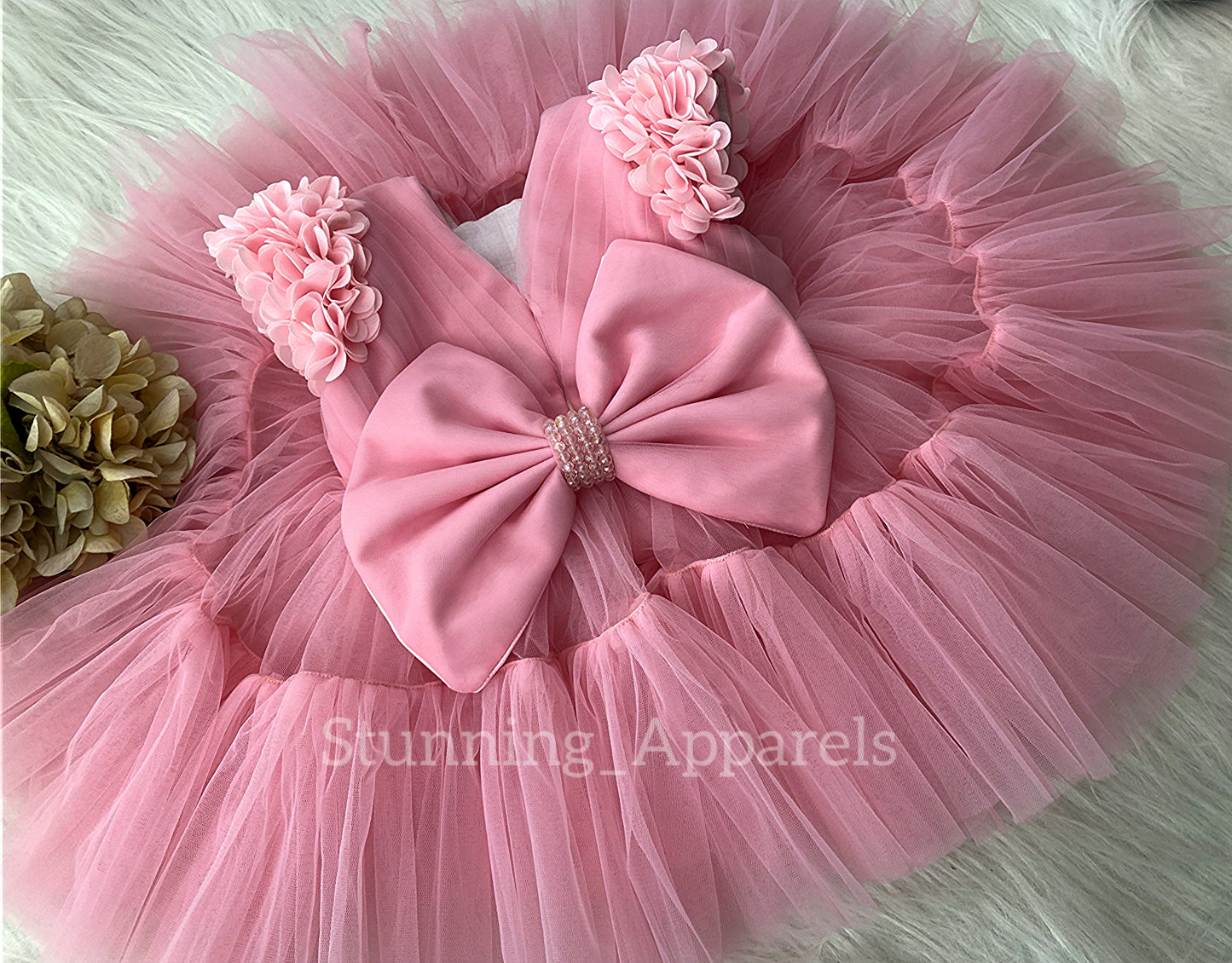 Beautiful Cape Sleeves Flower Work Ruffled Peach Frock