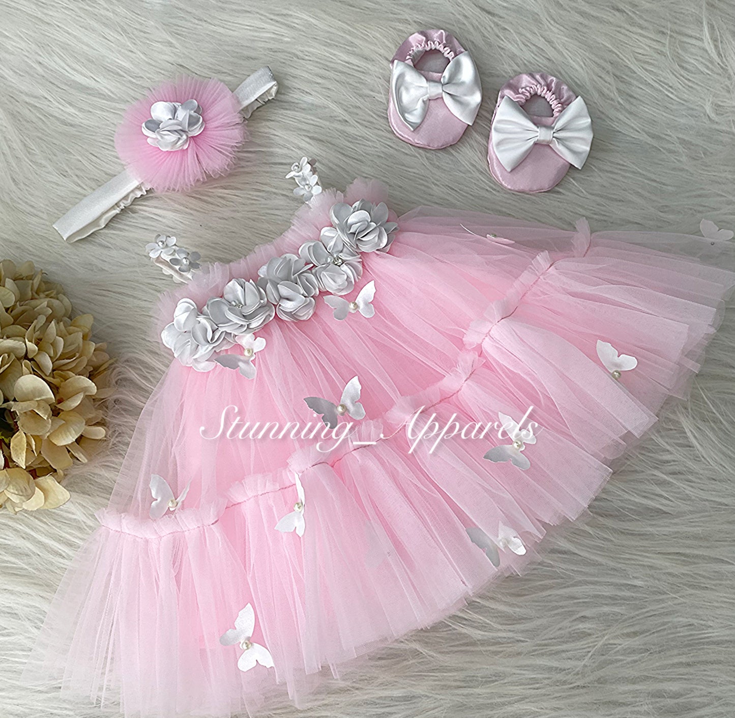 Butterfly Work Cute Party Wear Baby Pink Dress