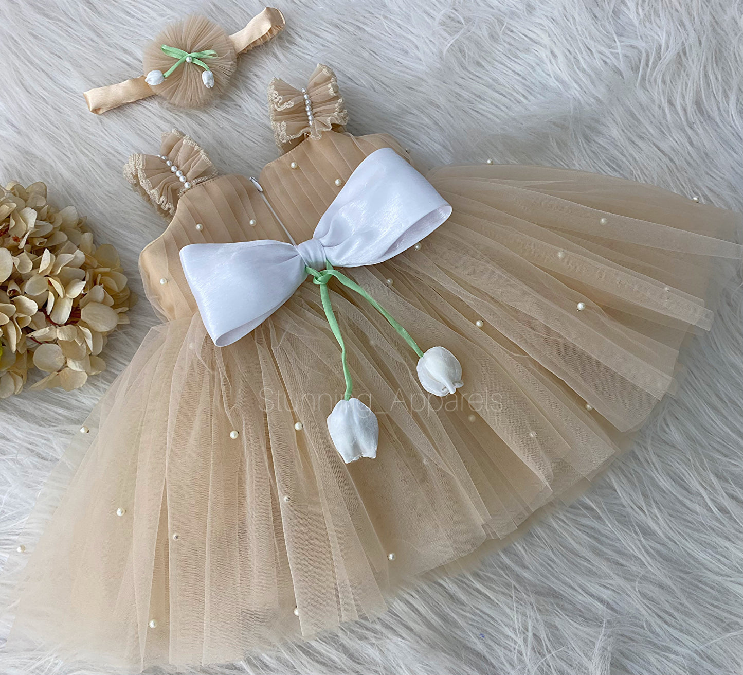White Tulip Flower Work Party Wear Beige Colour Dress