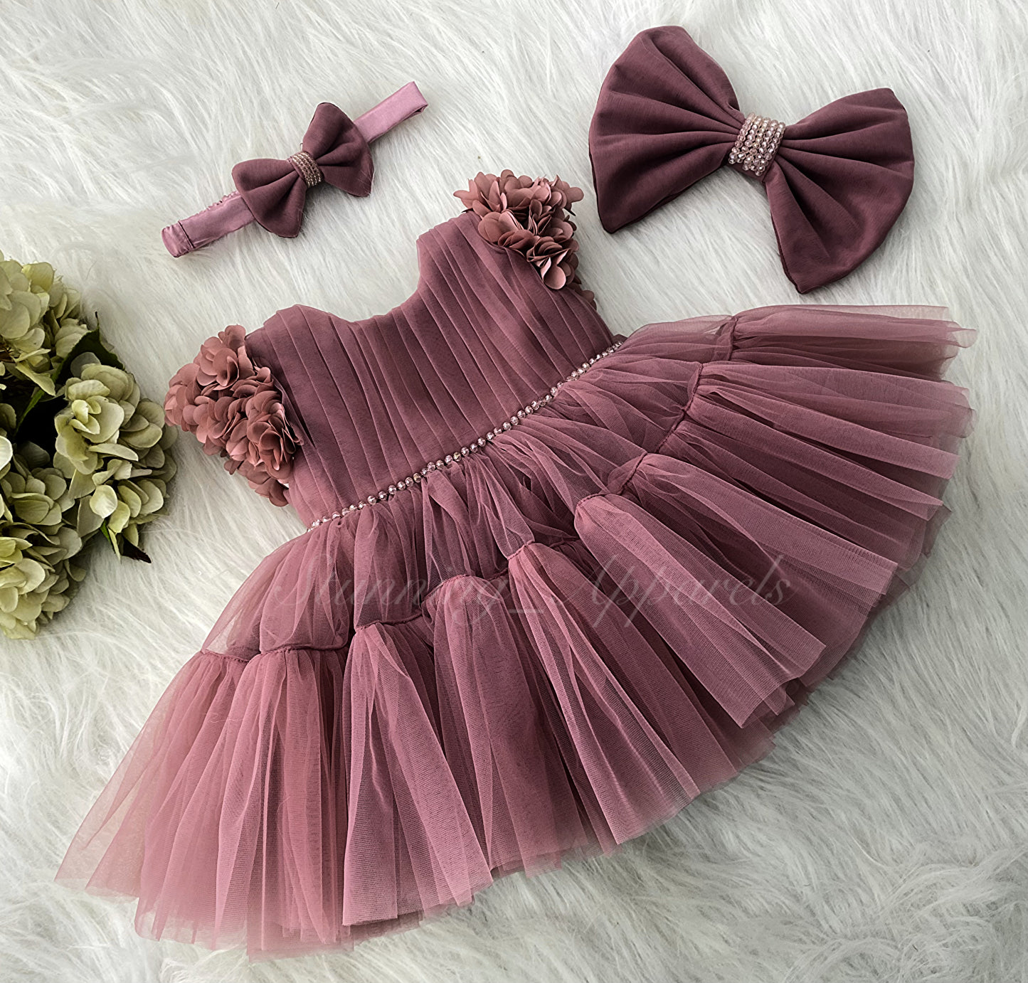 Beautiful Cape Sleeves Flower Work Ruffled Brown Frock