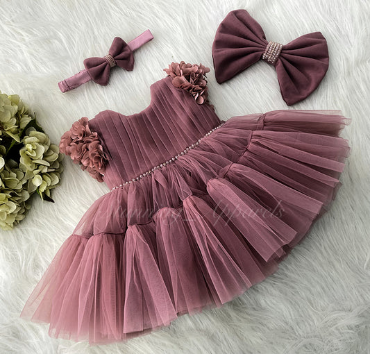 Beautiful Cape Sleeves Flower Work Ruffled Brown Frock
