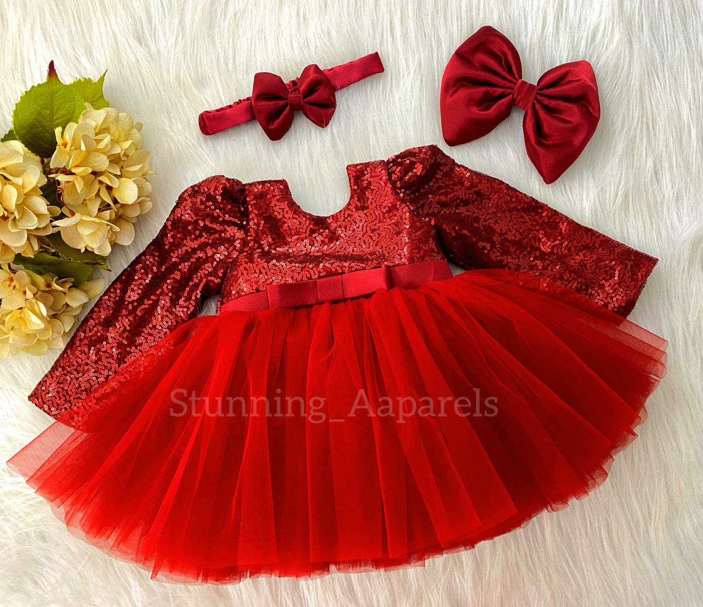 Stylish Long Sleeves Satin Bow Party Wear Red Frock