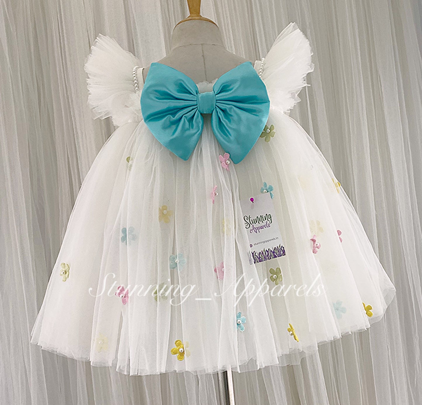 Multi Colour Flower Work, Sky Blue Satin Bow White Umbrella Dress