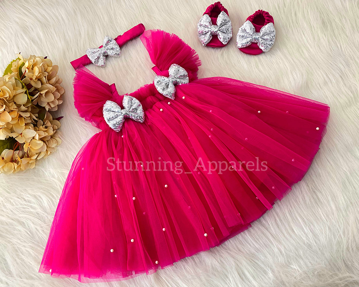 Silver Sequins Bow Party Wear Magenta Pink Umbrella Dress