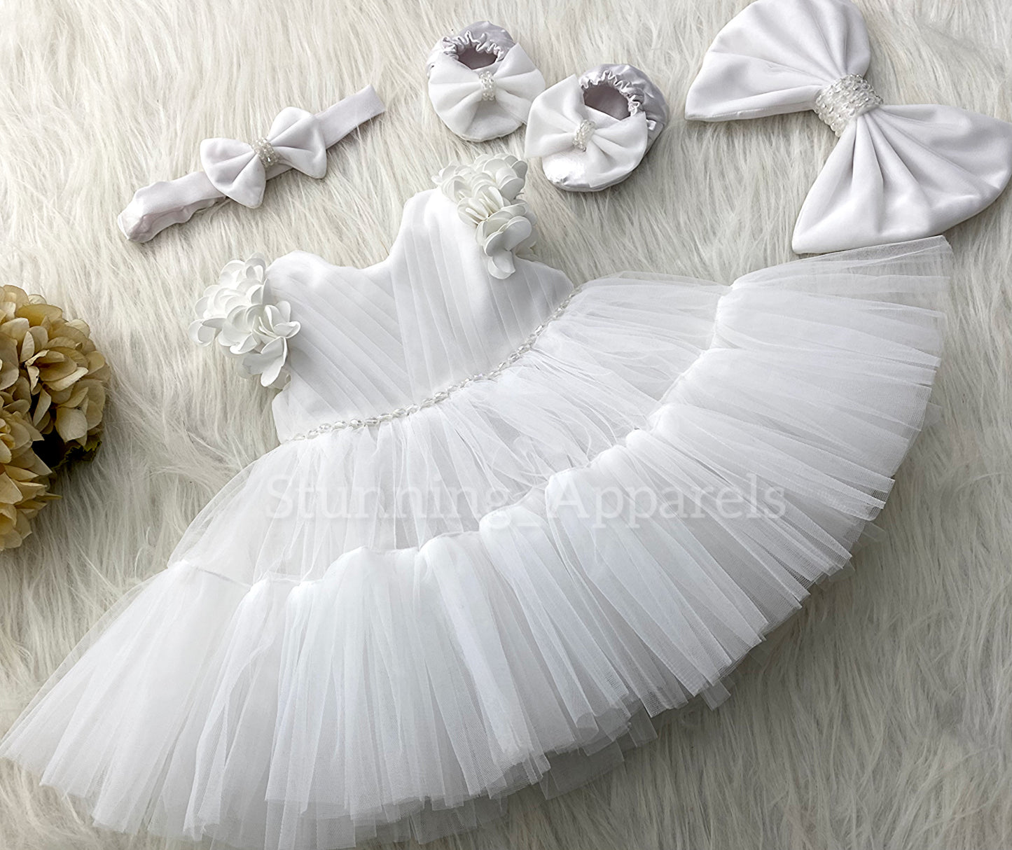 Beautiful Cape Sleeves Flower Work Ruffled white Frock