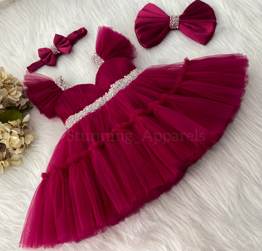 Designer Sweetheart Neckline Hand Work Dark Magenta Frock