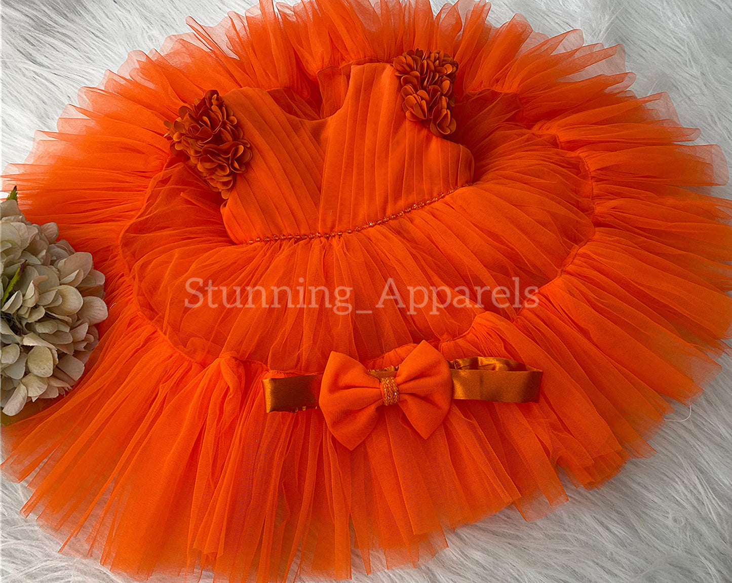 Beautiful Cape Sleeves Flower Work Ruffled Orange Frock