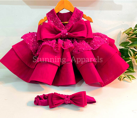 Premium Beads Sequins Party Wear Magenta Pink Dress