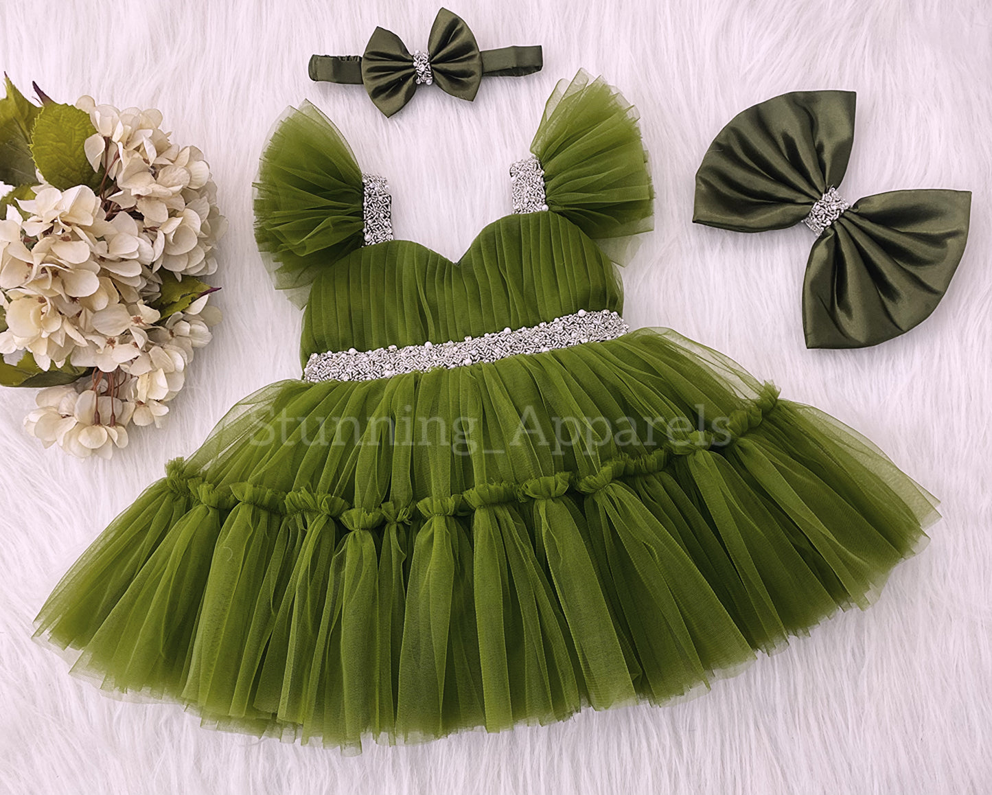 Designer Sweetheart Neckline Hand Work Olive Green Frock