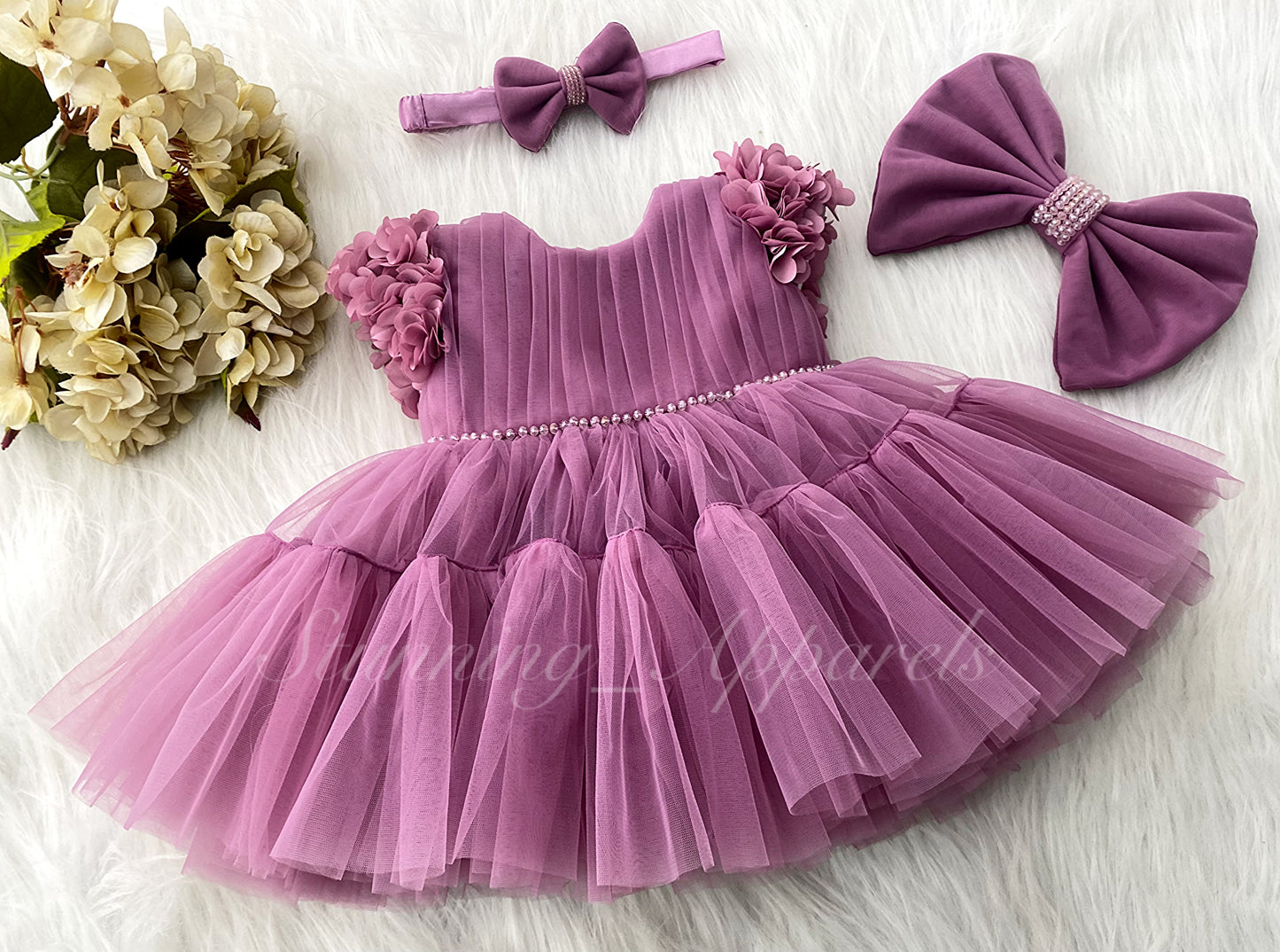 Beautiful Cape Sleeves Flower Work Ruffled Dusty Pink Frock