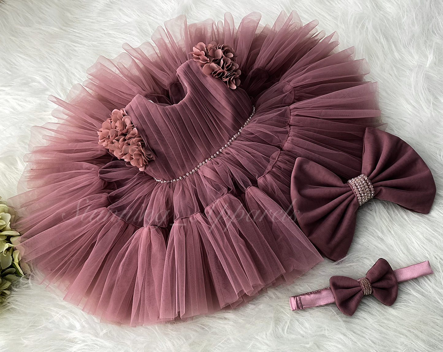Beautiful Cape Sleeves Flower Work Ruffled Brown Frock