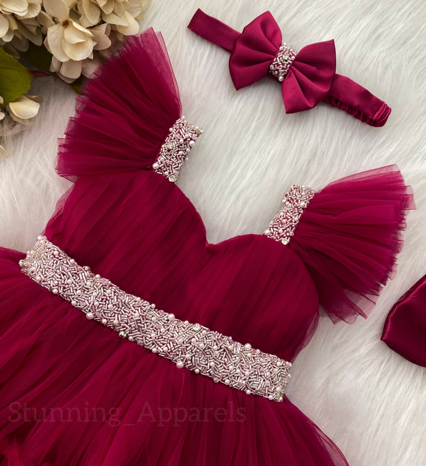 Designer Sweetheart Neckline Hand Work Dark Magenta Frock