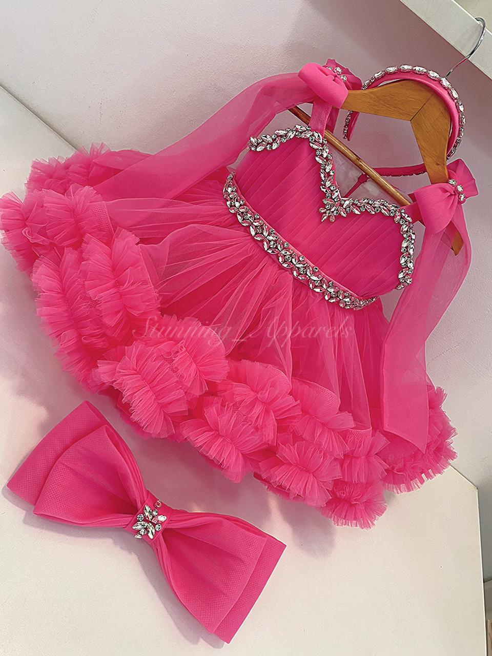 Designer Premium Hand Work Flamingo Pink Dress