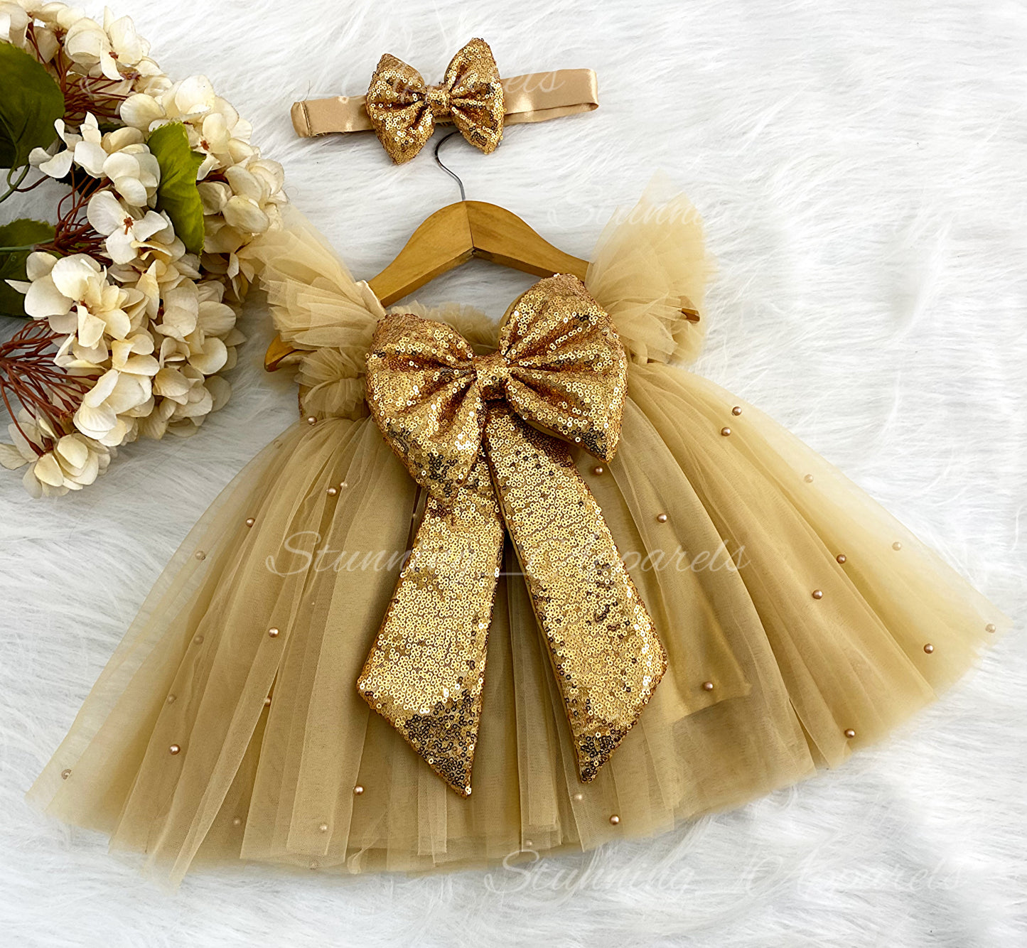 Golden Sequins Bow Party Wear Golden Umbrella Dress