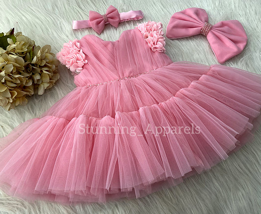 Beautiful Cape Sleeves Flower Work Ruffled Peach Frock