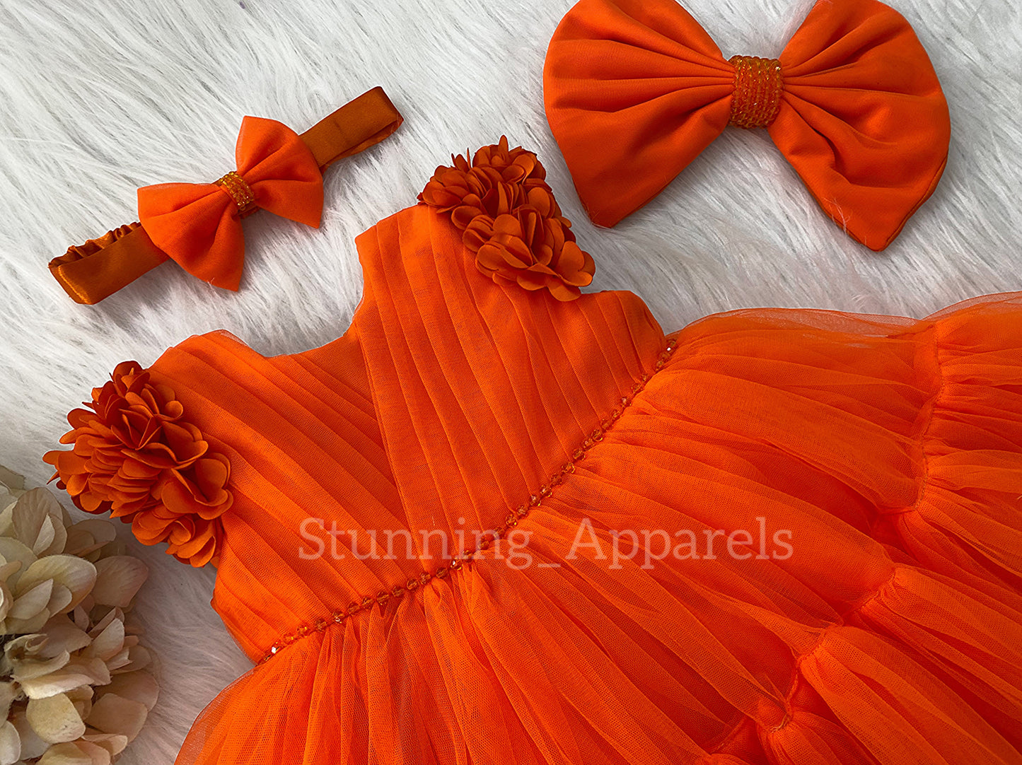 Beautiful Cape Sleeves Flower Work Ruffled Orange Frock