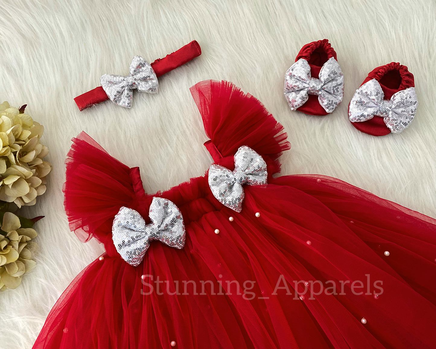 Silver Sequins Bow Party Wear Red Umbrella Dress