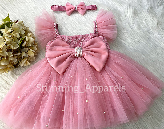 White Pearls Work Strapped Sleeves Peach Dress