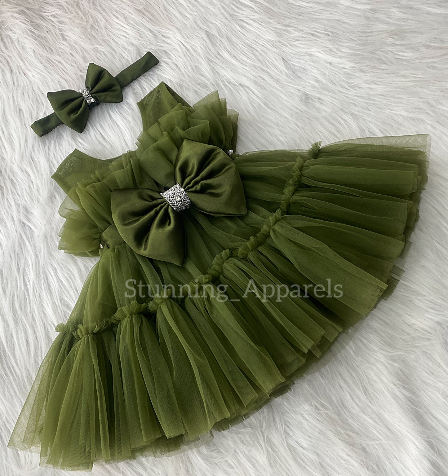 Designer Neckline Hand Work Party Wear Olive Green Dress