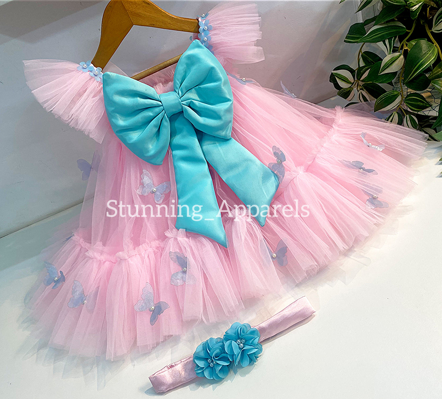 Butterfly Work Cute Party Wear Umbrella Baby Pink Dress