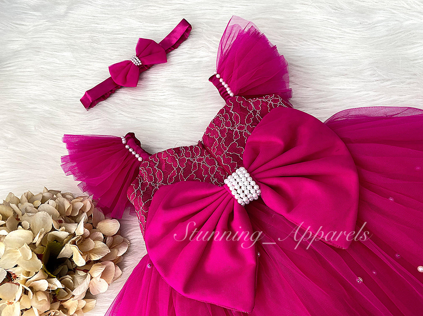 White Pearls Work Strapped Sleeves Magenta  Pink Dress