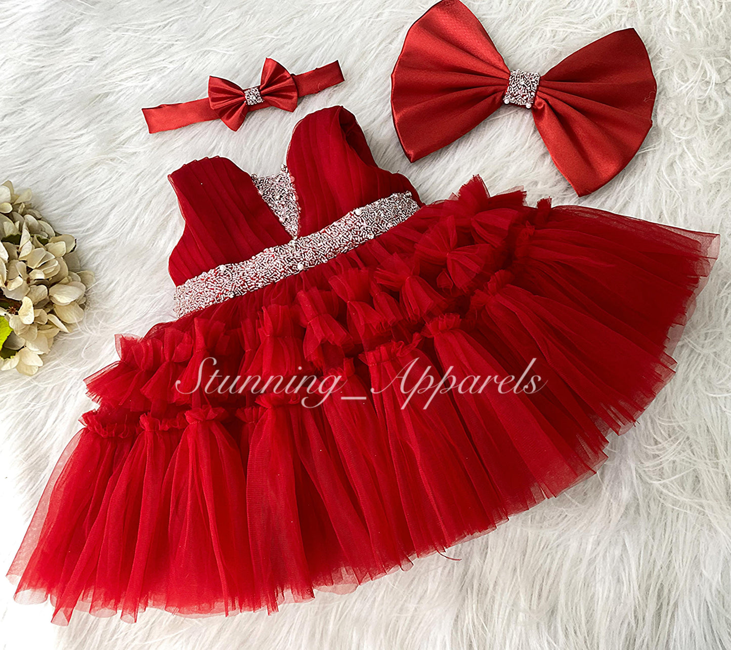 Designer Hand Wear Ruffled Party Wear Red Dress