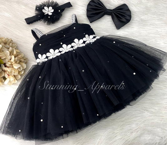 Waistline White Flower Work Party Wear Black Dress
