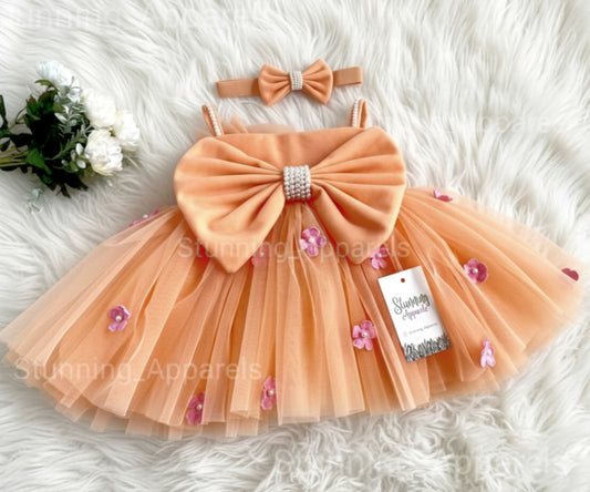 White Flower Work Strapped Peach Dress