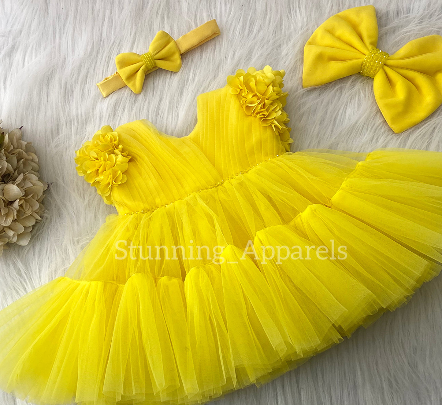Beautiful Cape Sleeves Flower Work Ruffled Yellow Frock