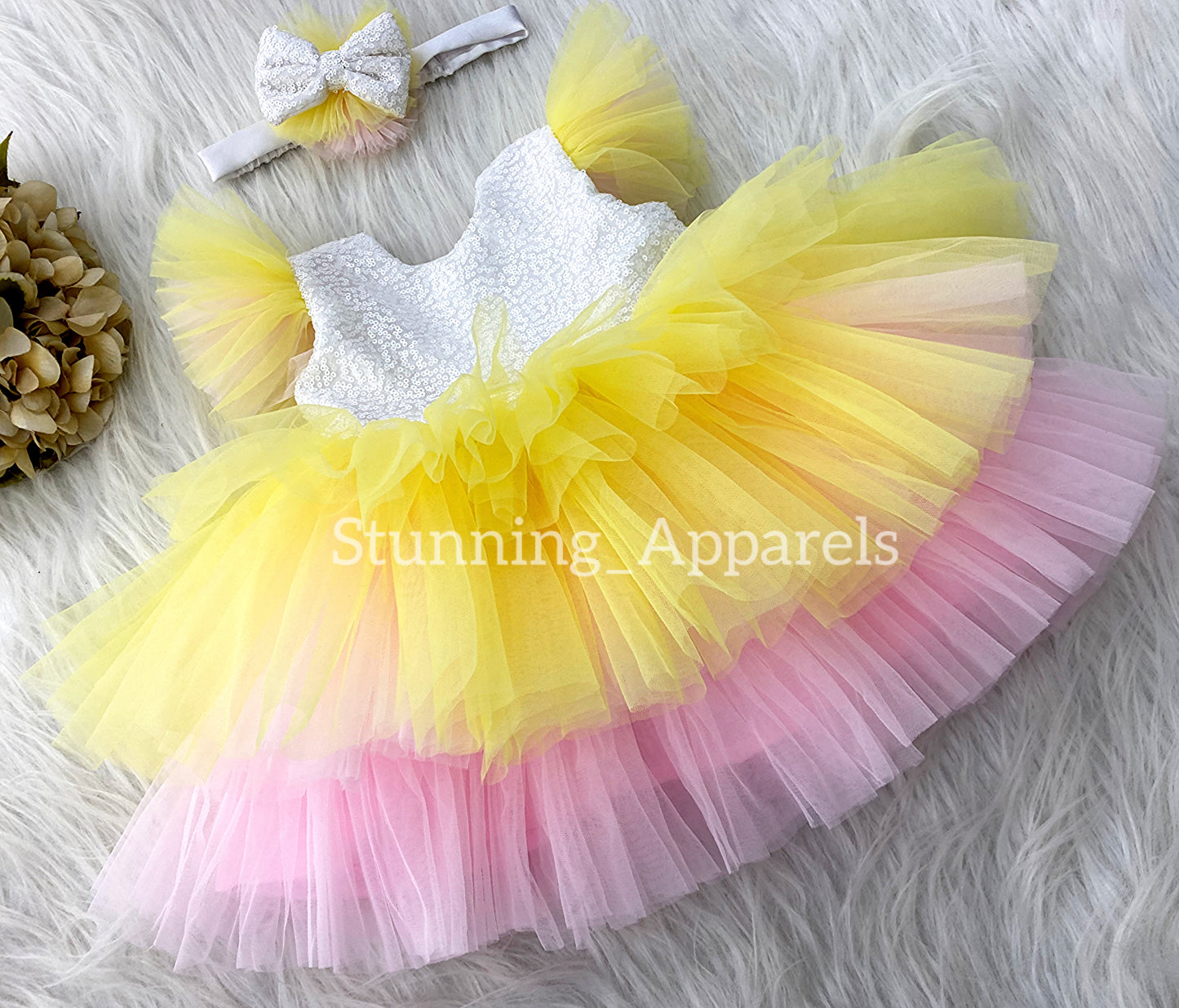 Pink and Yellow  Layered milky sequins dress
