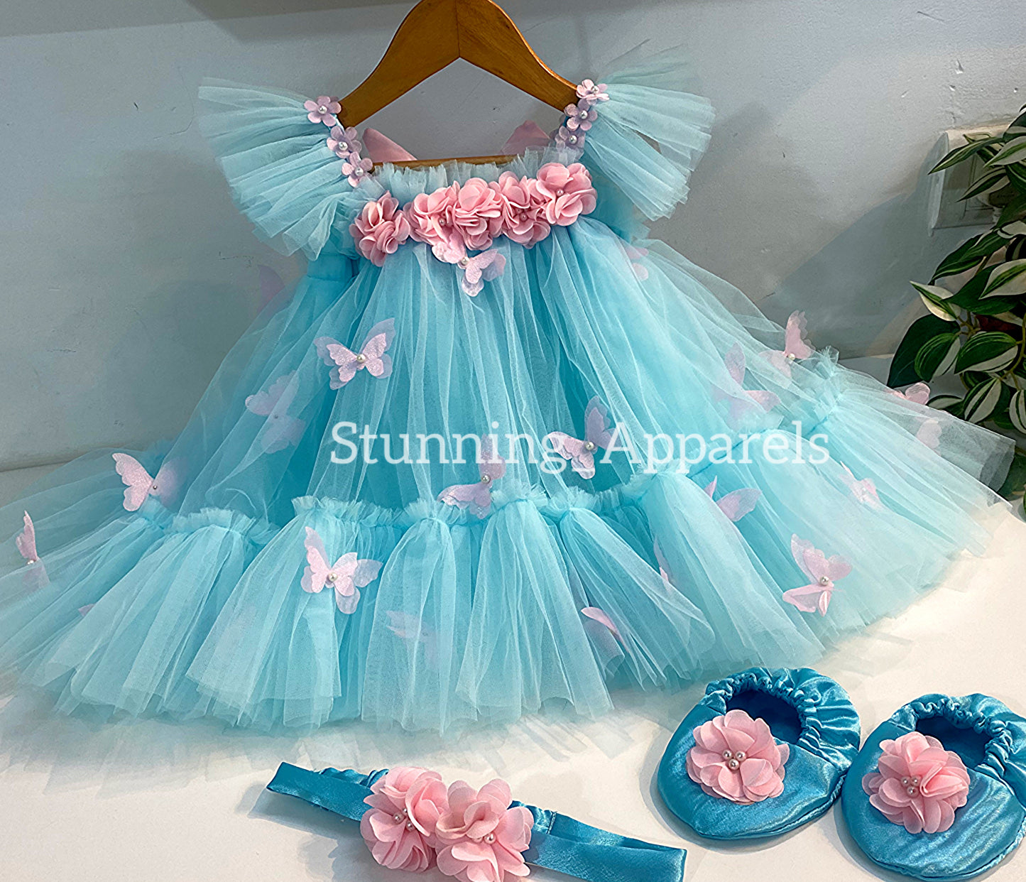 Butterfly Work Cute Party Wear Umbrella Sky Blue Dress