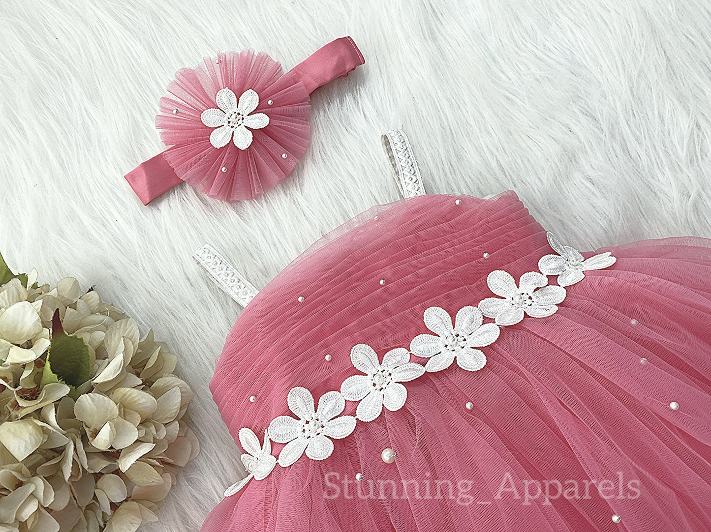 White Flower Work Party Wear Peach Dress