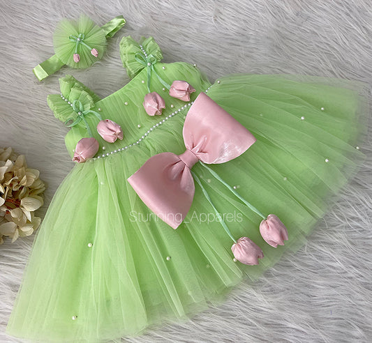 Peach Tulip Flower Work Party Wear Pista Green Dress
