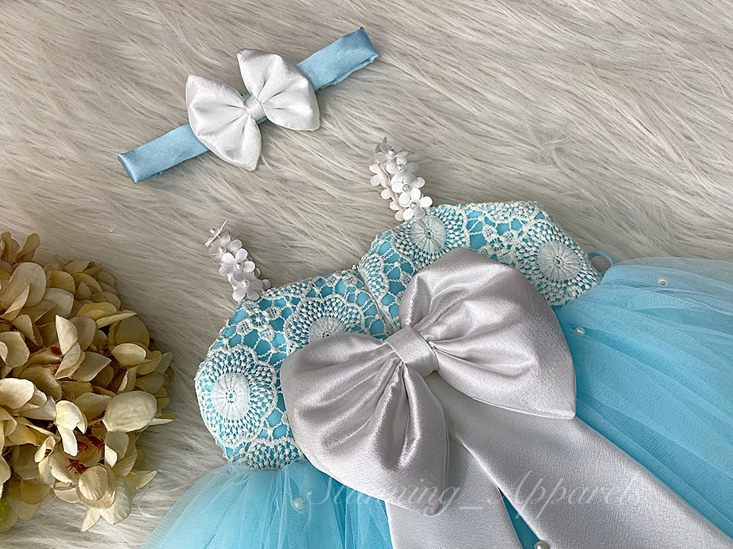 Cute White Flower Strapped Sky Blue Dress