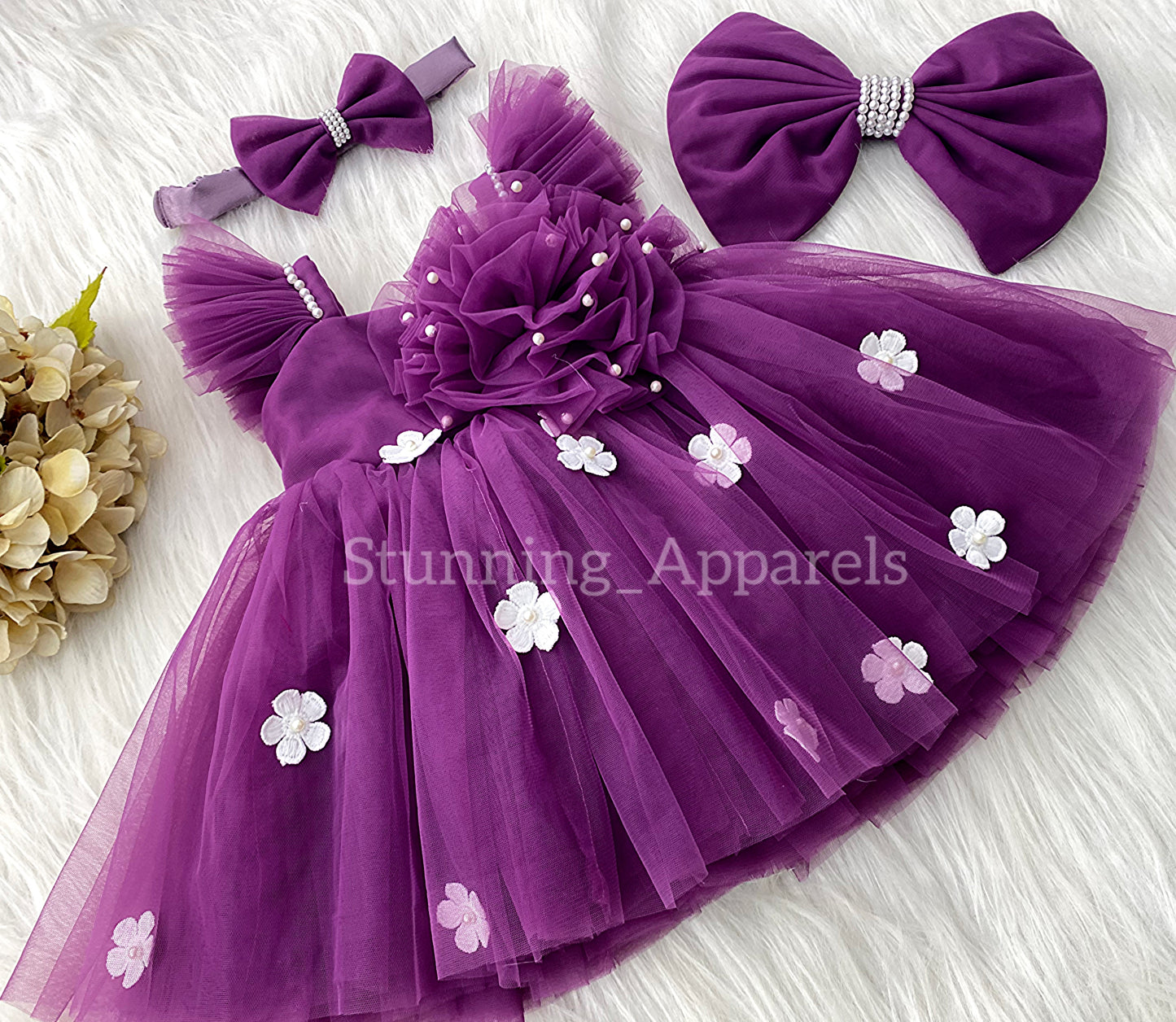 White Flower Work Strapped Sleeves Deep Orchid Frock