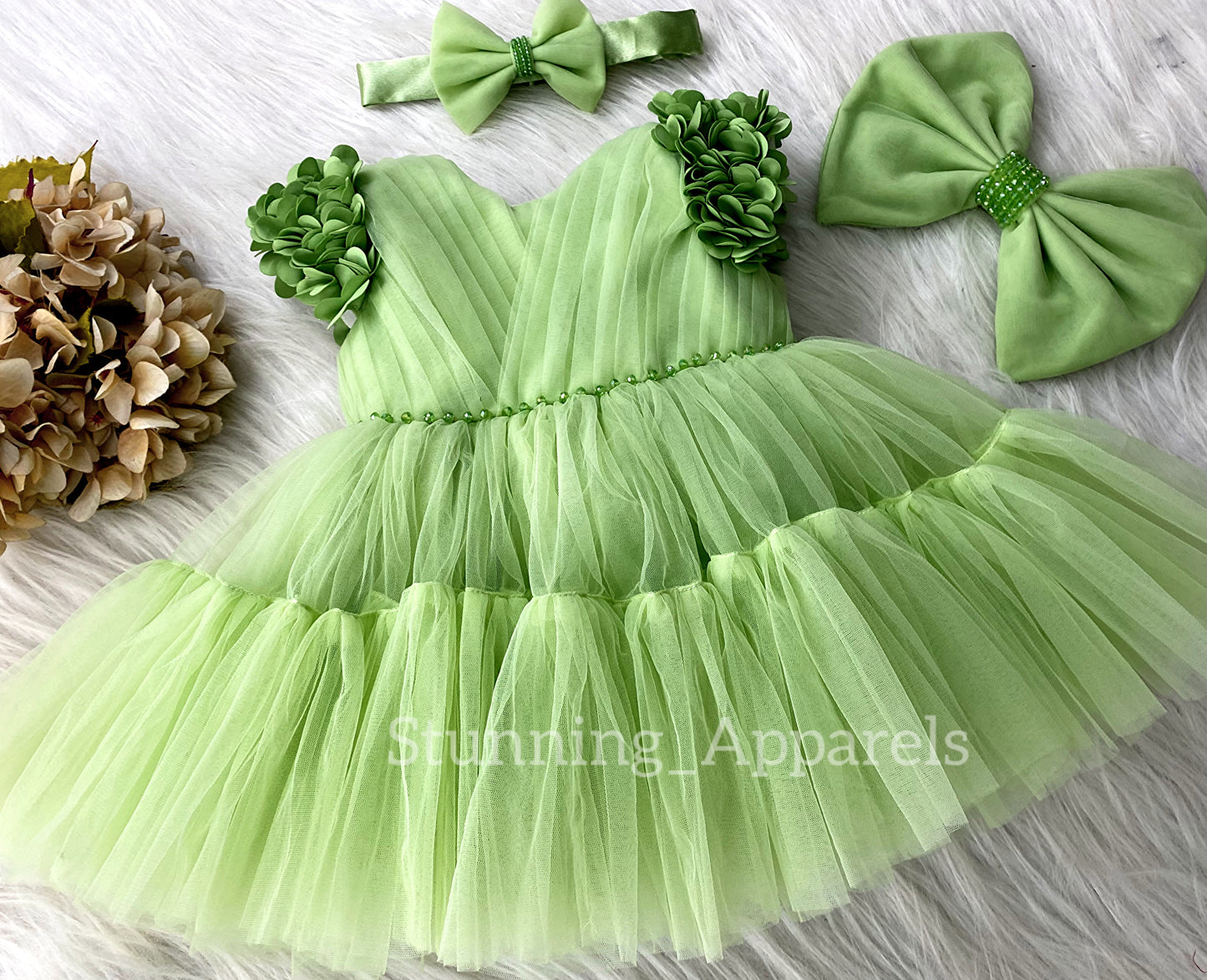 Beautiful Cape Sleeves Flower Work Ruffled Pista Greesn Frock