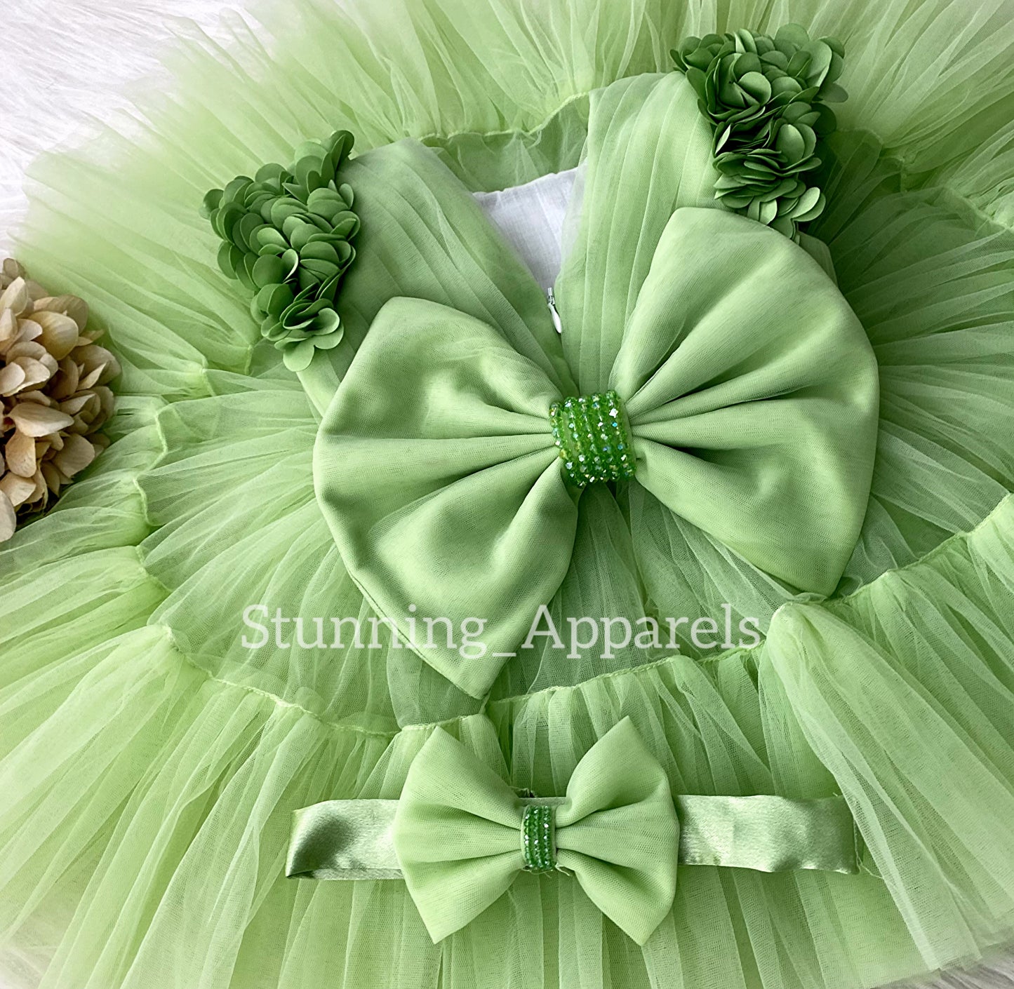 Beautiful Cape Sleeves Flower Work Ruffled Pista Greesn Frock