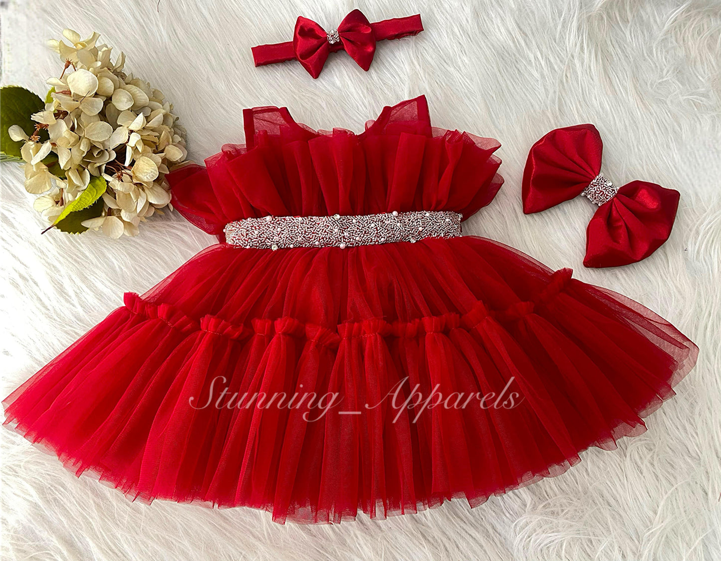 Designer belted Hand Wear Ruffled Party Wear Red Dress