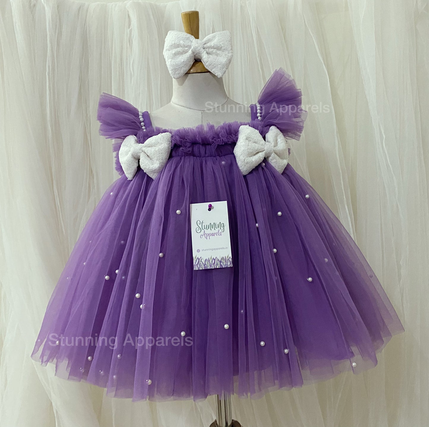 Ruffled Sleeves Strapped  Sequins Bow Party Wear Lavender Umbrella Dress