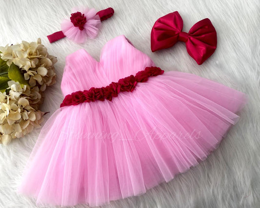 Waist Line Magenta Flower Work Baby Pink Frock
