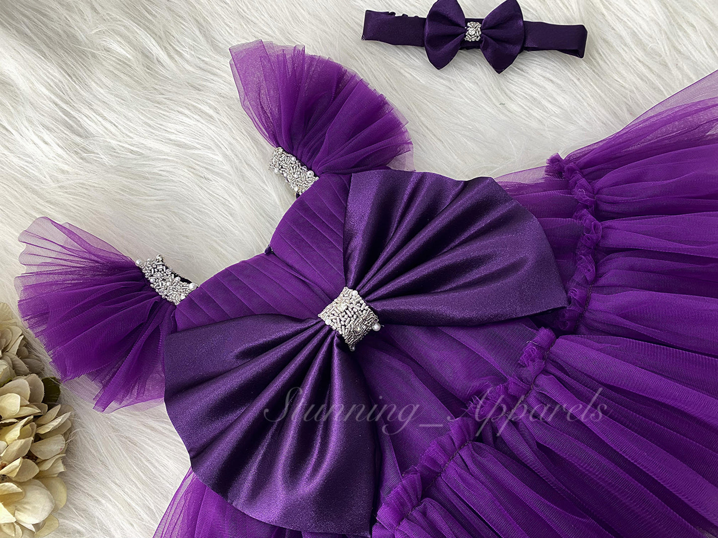 Designer Sweetheart Ruffled Sleeves Neckline Hand Work Purple Pink Frock