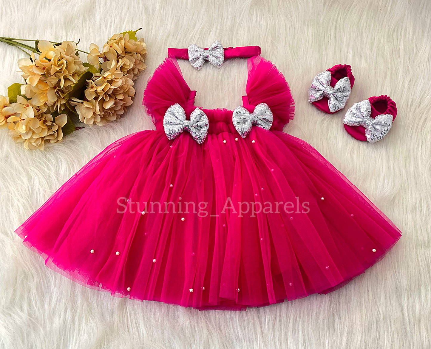 Silver Sequins Bow Party Wear Magenta Pink Umbrella Dress