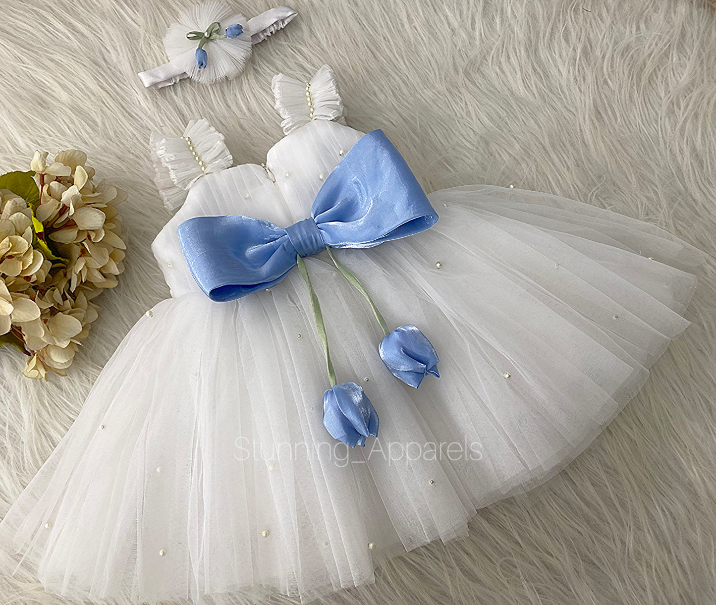 Pastel Blue Tulip Flower Work Party Wear White Dress