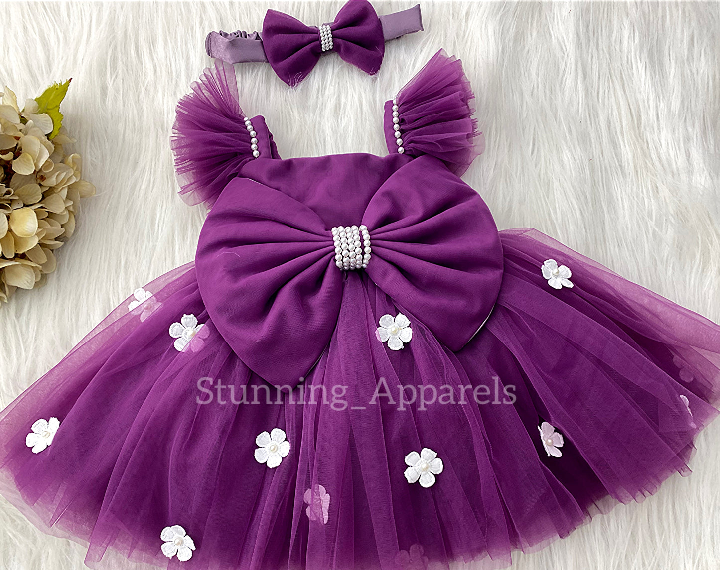 White Flower Work Strapped Sleeves Deep Orchid Frock