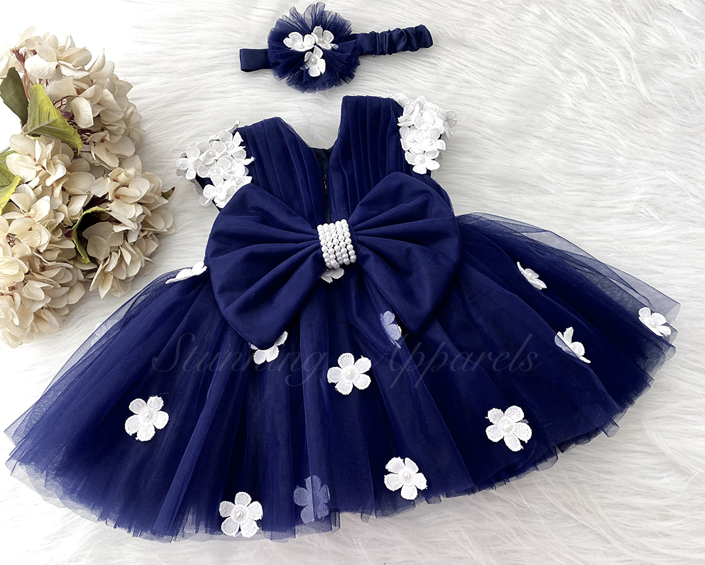 Cute White Flower Work Cape Sleeves Navy Blue Frock