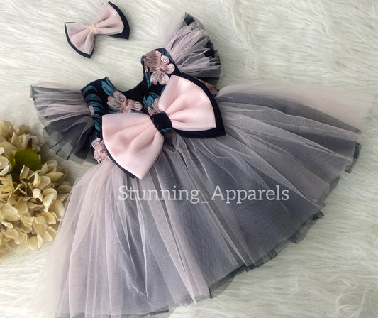 Cute Flower Printed With Peach and Black Combination Casual Dress